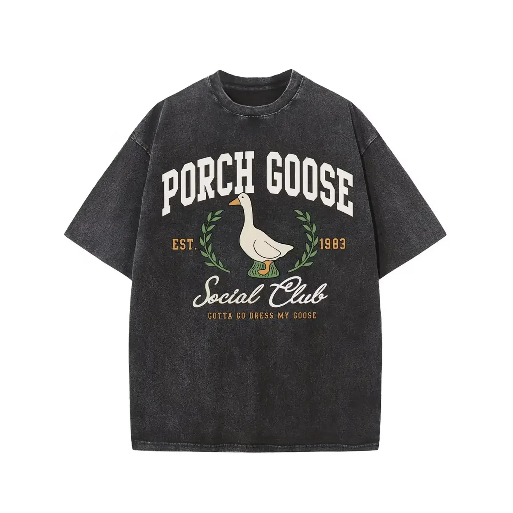 Porch Goose Social Club Est 1983 Graphic Tee Vintage Washed Cute Funny Goose Aesthetic T Shirt Retro Distressed Short Sleeve Casual Country Streetwear Gotta Go Dress My Goose Quote Print Summer Relaxed Crew Neck Unisex Top