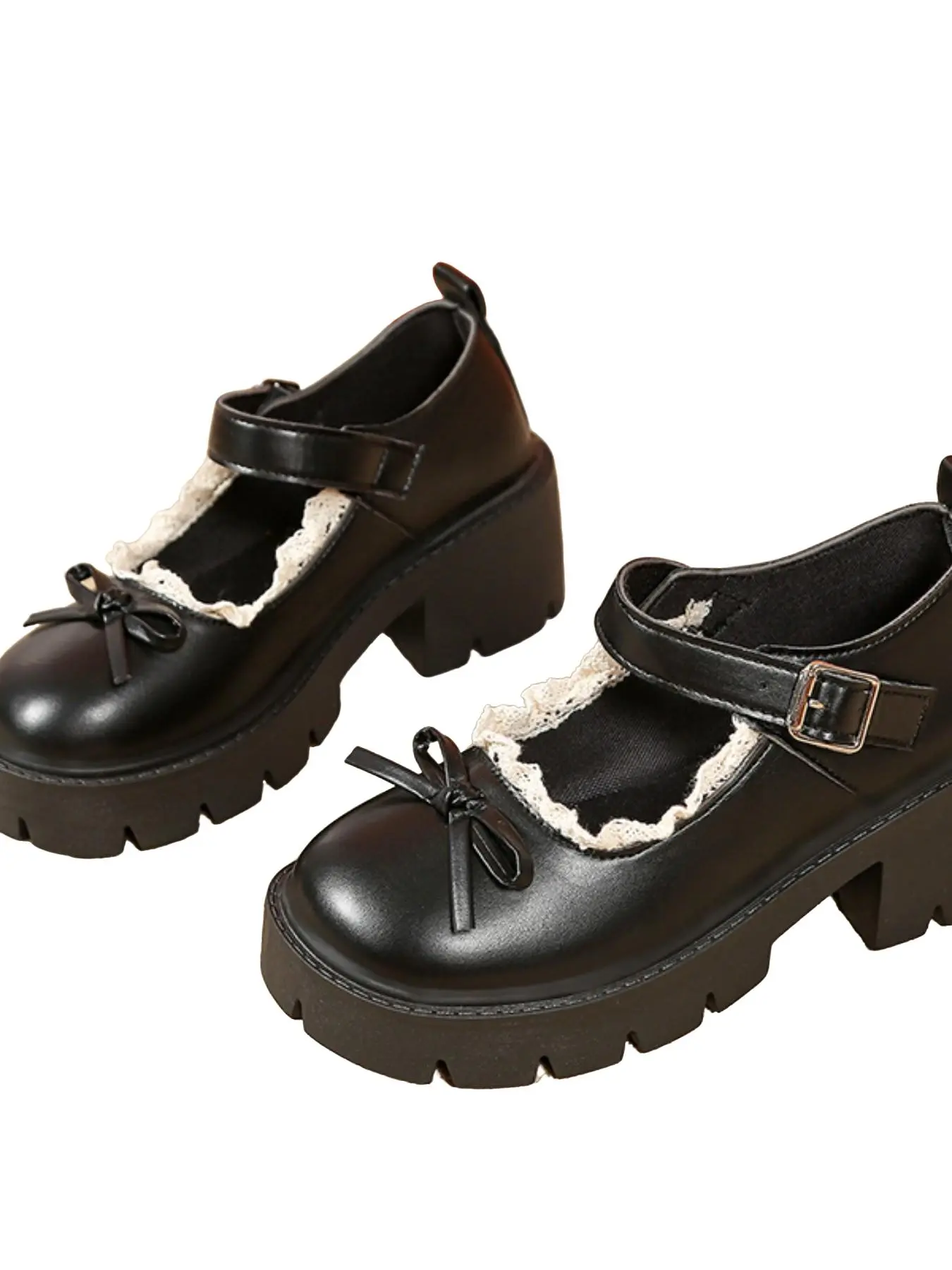 Women's Lace Trim Single Buckle Shoes, Thick Sole Chunky Heel Small Leather Shoes, Sweet Bow Round Toe Student Loafers