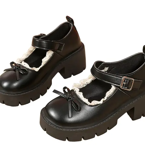 Women's Lace Trim Single Buckle Shoes, Thick Sole Chunky Heel PU Leather Shoes, Sweet Bow Decor Round Toe Mary Jane Shoes for Students, Mary Jane Footwear