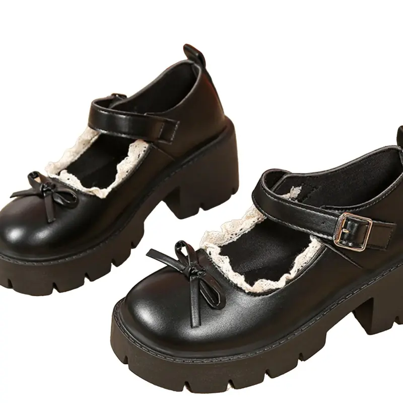 Women's Lace Trim Single Buckle Shoes, Thick Sole Chunky Heel PU Leather Shoes, Sweet Bow Decor Round Toe Mary Jane Shoes for Students, Mary Jane Footwear