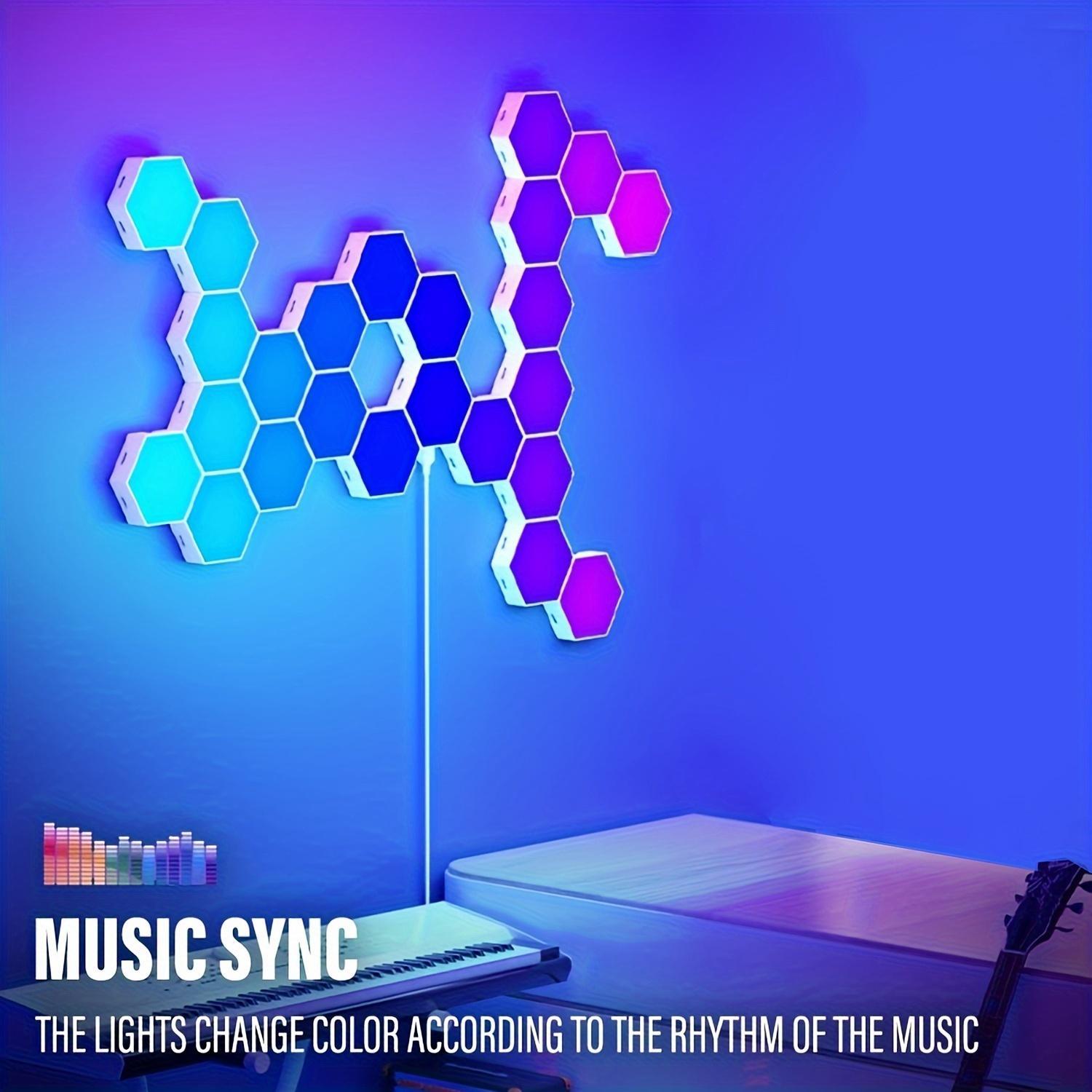 Smart LED Hexagonal RGB Color Changing Indoor Wall Light, USB Powered Voice/APP/Remote Control Dimmable Music Synchronized Night Light for Game Room, Home Theater, Party Smart LED Lighting