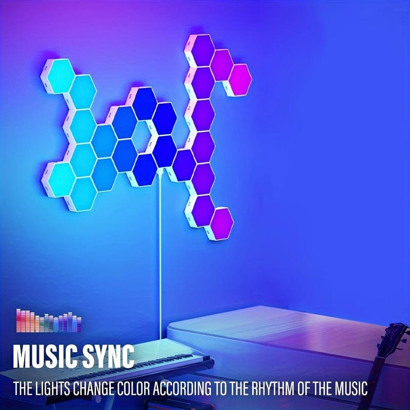Smart LED Hexagonal RGB Color Changing Indoor Wall Light, USB Powered Voice/APP/Remote Control Dimmable Music Synchronized Night Light for Game Room, Home Theater, Party Smart LED Lighting