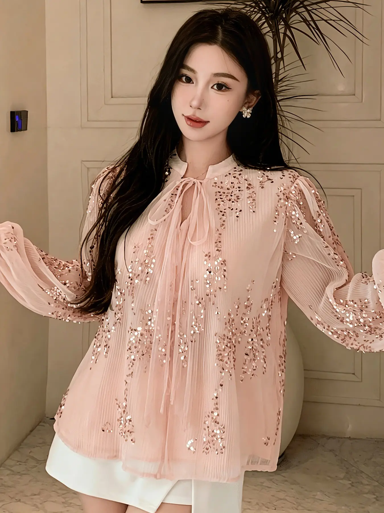 Women's Sequined Long Sleeve Shirt, Pleated Chiffon, Stand Collar Tie Design, Elegant Casual Top, Perfect for Parties and Dates