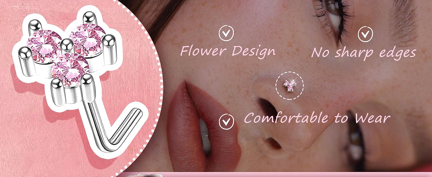 12PCS 20G Nose Rings Surgical Stainless Steel L Shaped Nose Studs for Women Men CZ Heart Butterfly Flower Leaf Moon Dangle Cute Nose Piercings Studs Screw Jewelry Pink