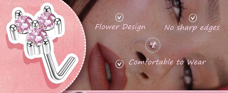 12PCS 20G Nose Rings Surgical Stainless Steel L Shaped Nose Studs for Women Men CZ Heart Butterfly Flower Leaf Moon Dangle Cute Nose Piercings Studs Screw Jewelry Pink