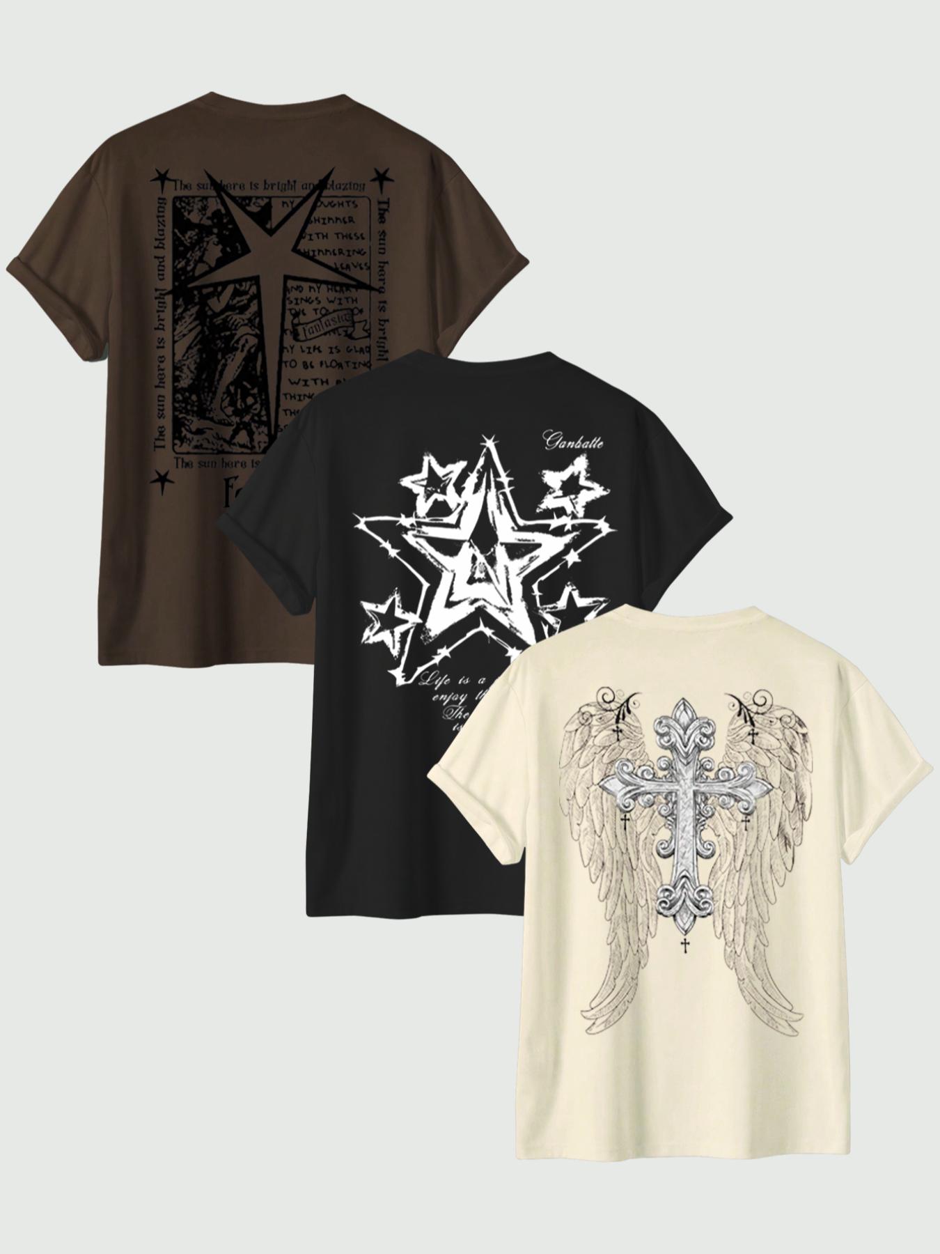 Men's Star & Letter & Wings Print Round Neck Knitted Tee, Regular Fit Casual Short Sleeve T-shirt, Men's Summer Top for Daily Wear