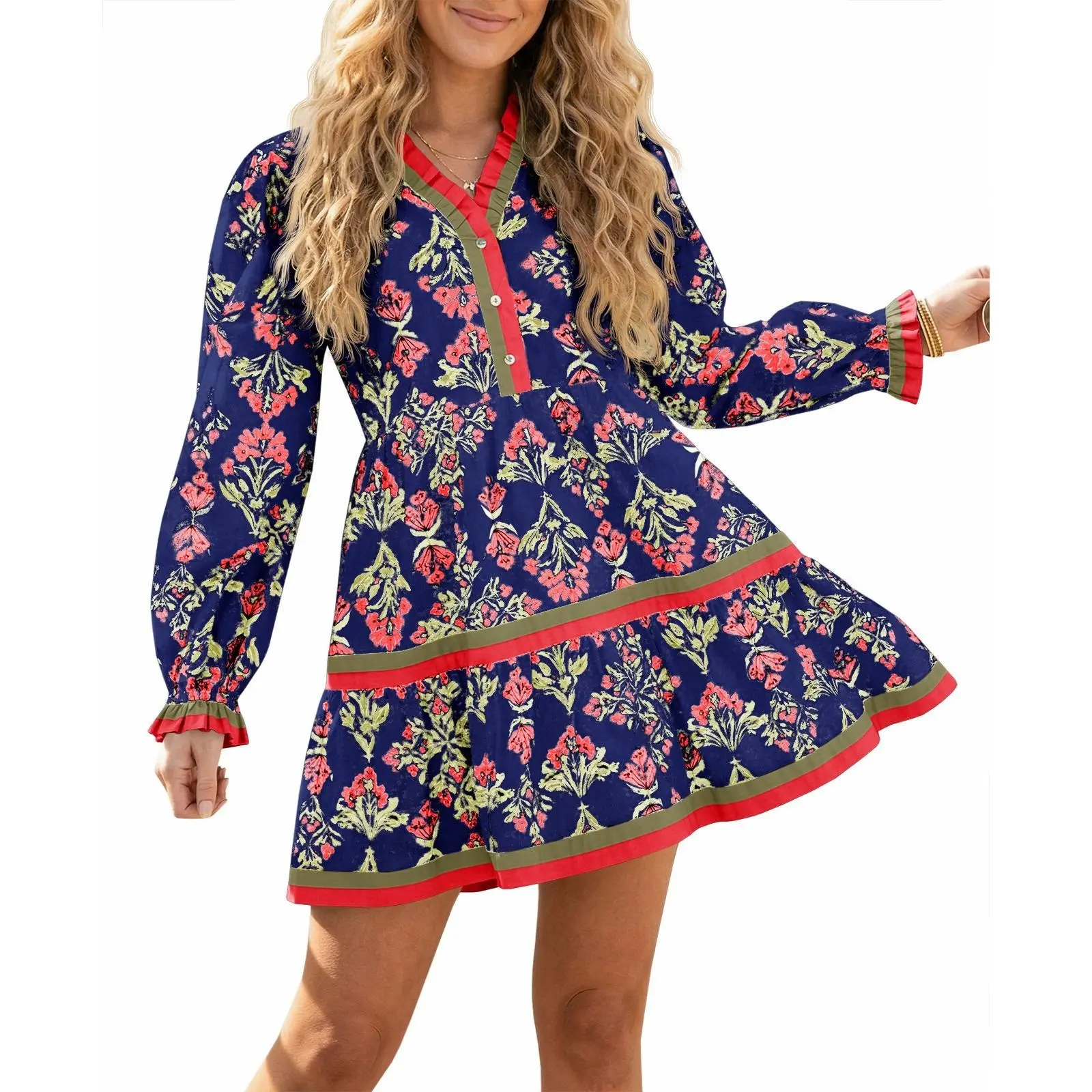 Wenrine Women's Floral Mini Dress Half Button Ruffle V Neck A Line Dresses | Ruffle Neck, Bohemian Style,Long Sleeve,Color Block,Loose Fit,Beach Vacation,with Pockets