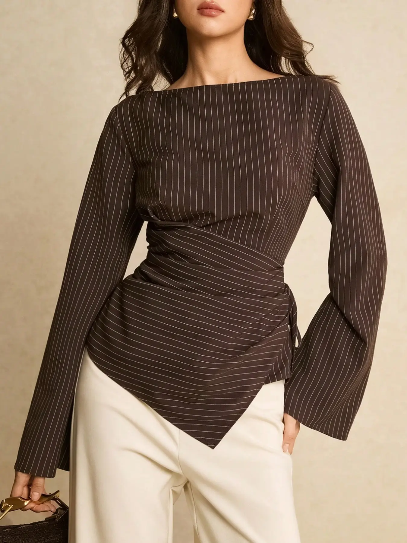 New Fashionable Elegant Vacation Tie Button Shirt, Blouse, Plaid Long Sleeve Casual Shirt, Suitable for Commute, Daily Wear, Tea Party, All Seasons