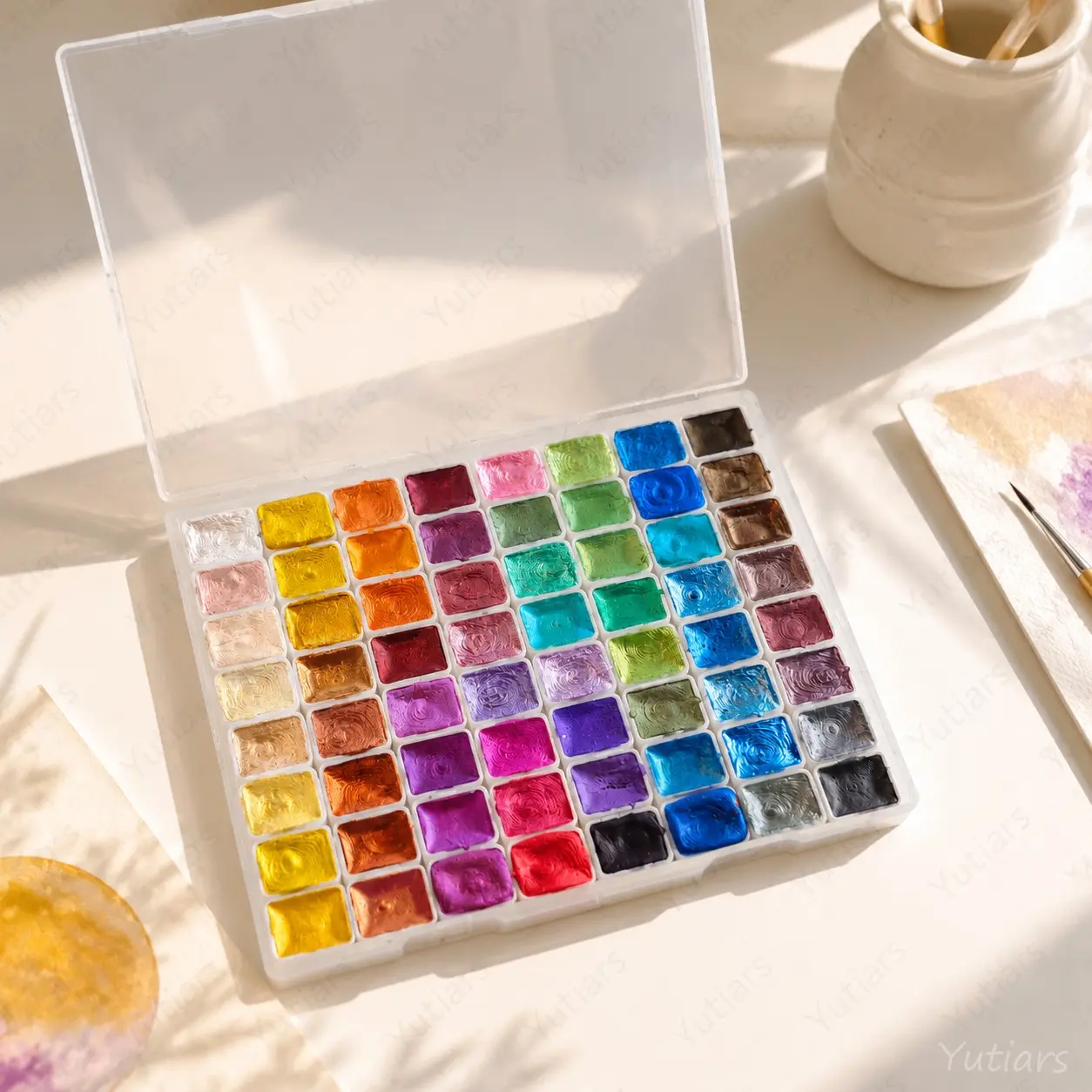 64 Color Shimmer Watercolor Set, Solid Pearlescent Paint Palette with Easy Reactivation, Portable Watercolor Supplies for Artists, Students & Hobby Lovers, Diy Painting Supplies