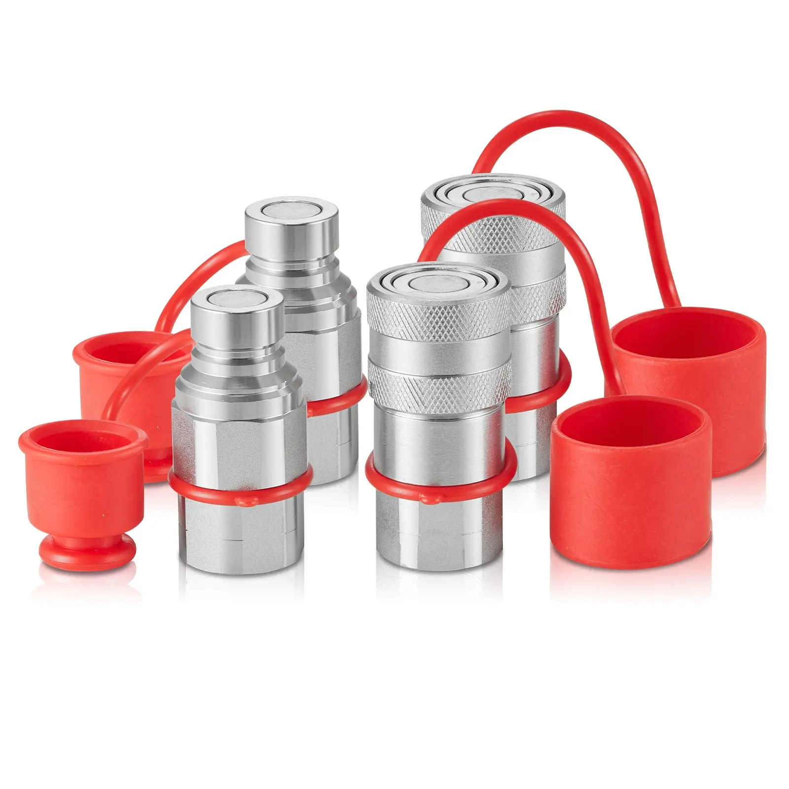 VEVOR 1/2" Flat Face Hydraulic Quick Connect Couplers, 1/2" NPT Skid Steer Push Lock Couplers with 4 Dust Caps, Carbon Steel Solid Metal ISO16028 Hydraulic Fittings for Agriculture Use, Zinc Coated