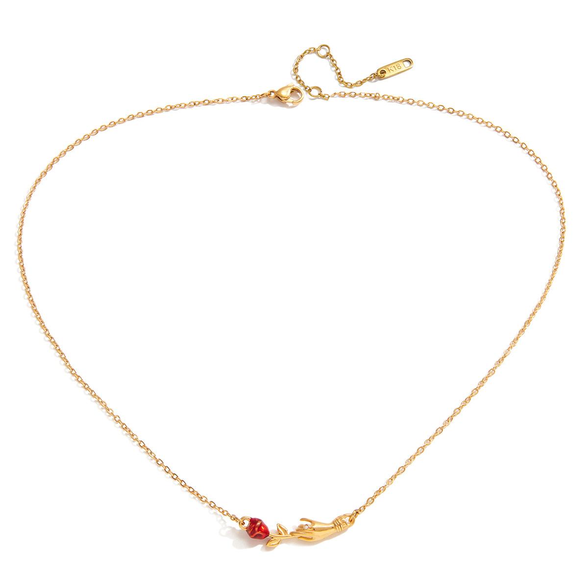 [FLAME] Women's Gold Necklace with Red Rose, Romantic Love Pendant with Small Zircon, Elegant Enamel Chain, Perfect Gift for Female Friends on Valentine's Day