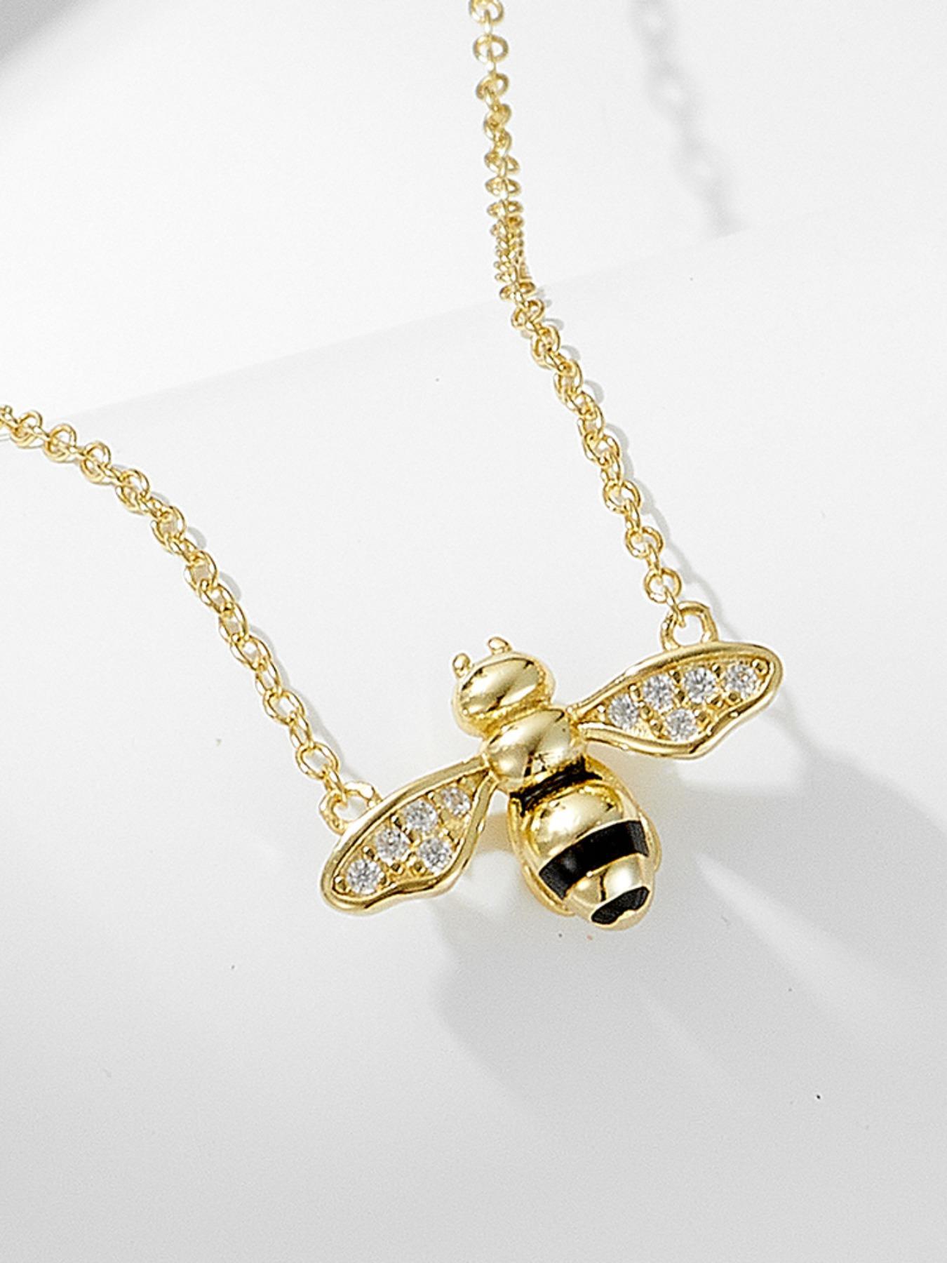 925 Sterling Silver Cute Bee Design Pendant Necklace, Artificial Zircon Decor Necklace, Fashion Jewelry Accessories for Women As Gift