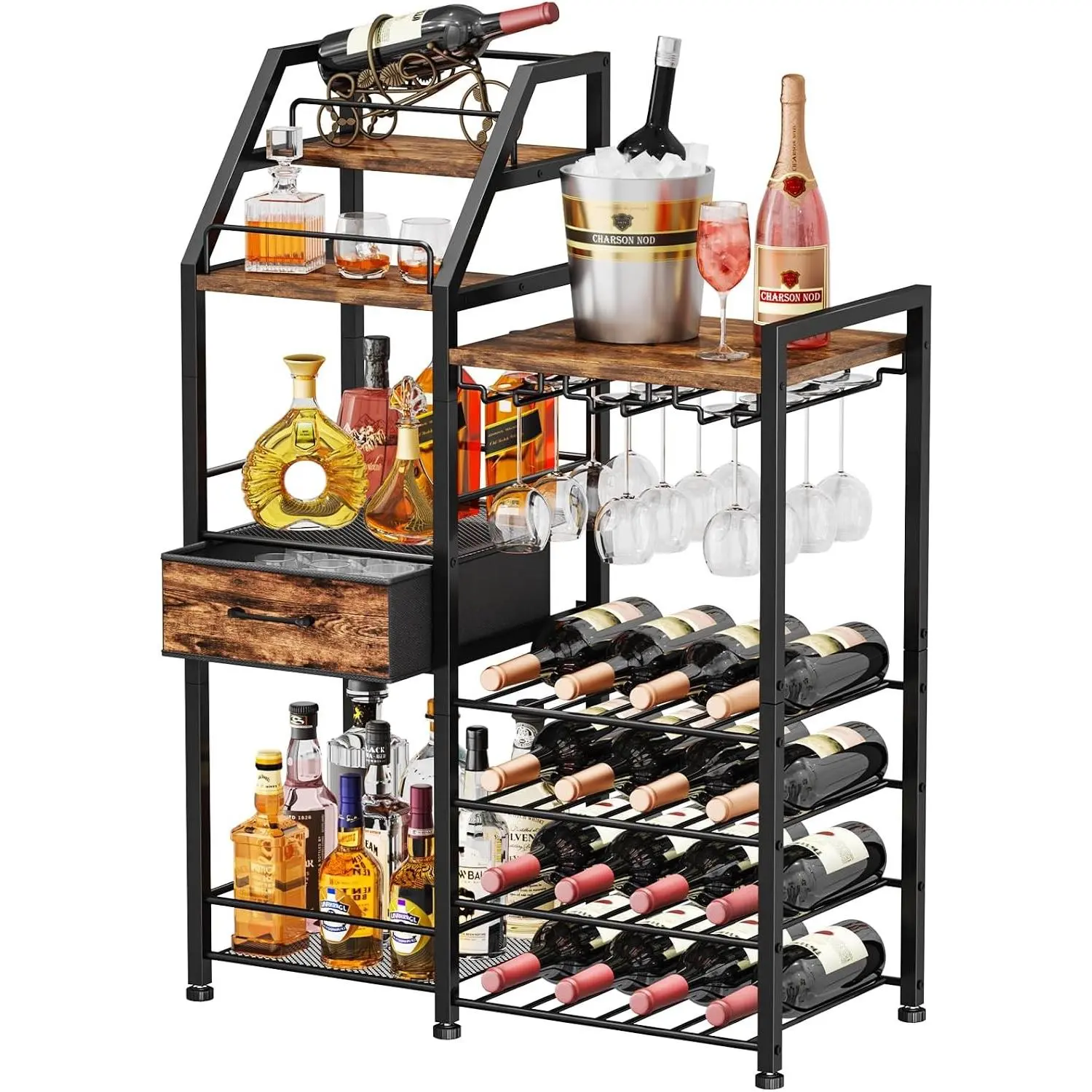 Wine Rack Freestanding Floor - Multi-Tier Liquor Cabinet with Fabric Drawer, Liquor Bottle Display Shelf with Glass Holder, Vintage Whiskey Cabinet for Home