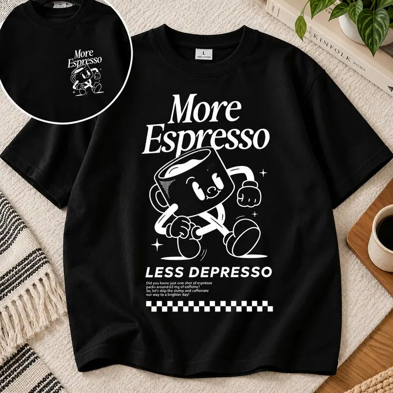 More Espresso Less Depresso Retro Cartoon T-Shirt |   Coffee Lover Vibe Oversized Shirt,Sadness Sippy Cup More Espresso Less Depresso Tee |   Cute Retro Character Aesthetic Top,Unisex / men & women