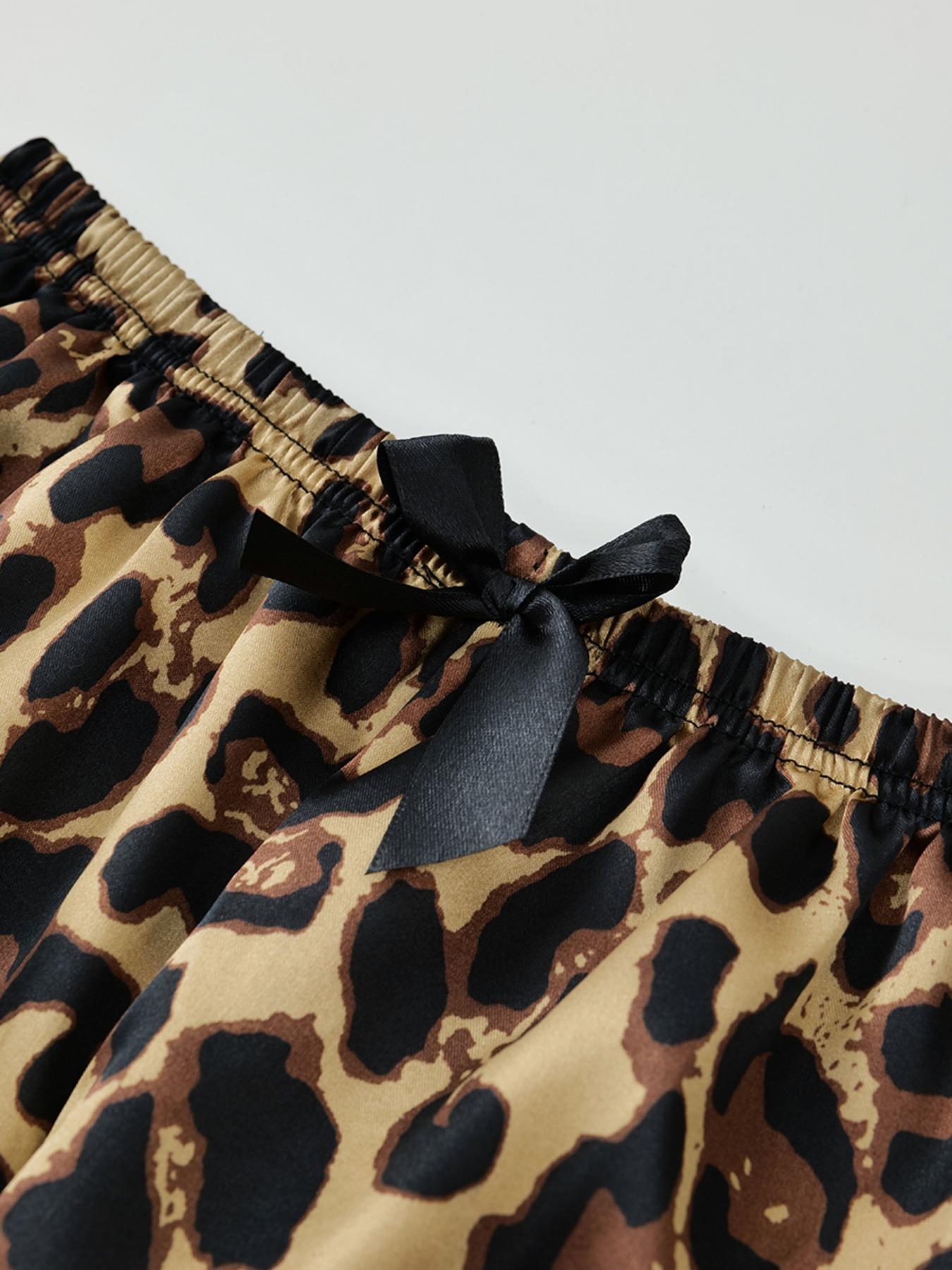 Fashion Six-Piece Women's Satin Pajama Set, Comfortable Lightweight Summer Sleepwear & Loungewear, Button Top and Bow Front Shorts, Casual Fitted Style, Leopard, Pjs Fashion Six-Piece Women's Satin Pajama Set, Comfortable Lightweight Summer Sleepwear & Loungewear, Button Top and Bow Front Shorts, Casual Fitted Style, Leopard, Pjs