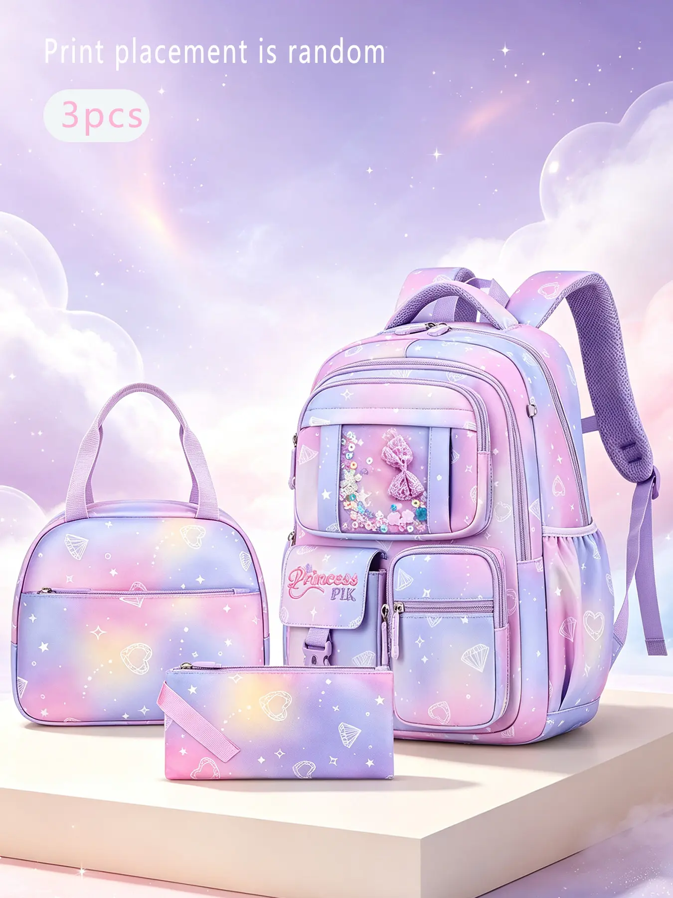 3Pcs Gradient Star Diamond Print Backpack Set Sequin Bow Decor Matching Handheld Lunch Bag Slim Stationery Pouch Mesh Padded Shoulder Straps Multi-layer Zip Storage Pockets for Campus Study Weekend Trips Daily Casual Outings