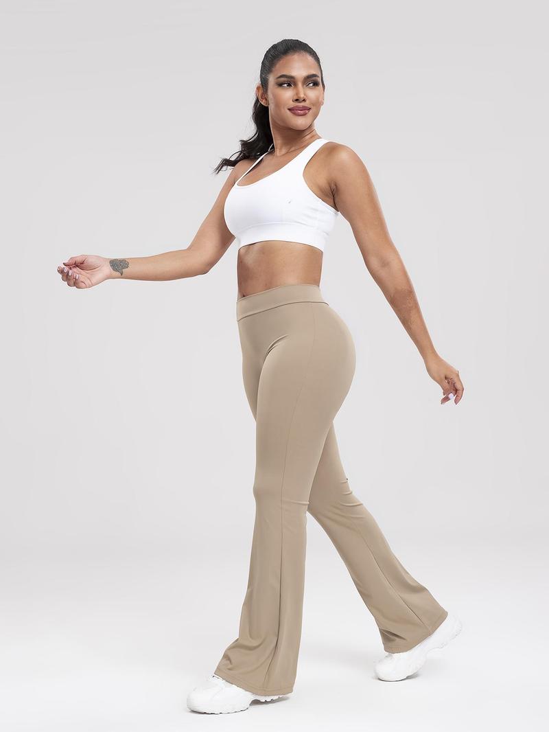 Women's Solid Ruched High Waist Sports Tummy Control Leggings, Comfy Breathable Flare Leg Trousers for Yoga Gym Workout Running, Ladies Sportswear for All Seasons, Gym Clothing, Shaping Leggings