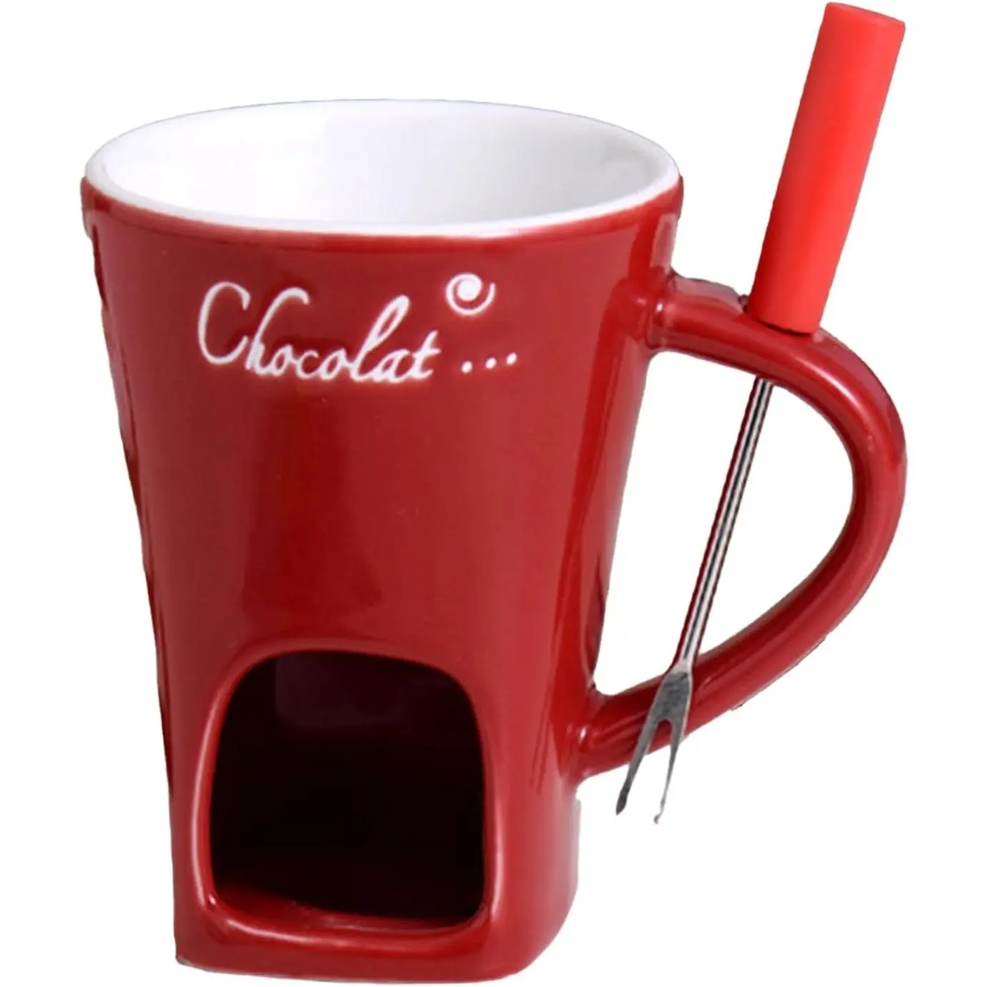 Multi functional ceramic chocolate hot pot cup set,fondue cup, portable and easy to use, suitable for candle heating, creative dessert tools, with fork Gift Selection (red)
