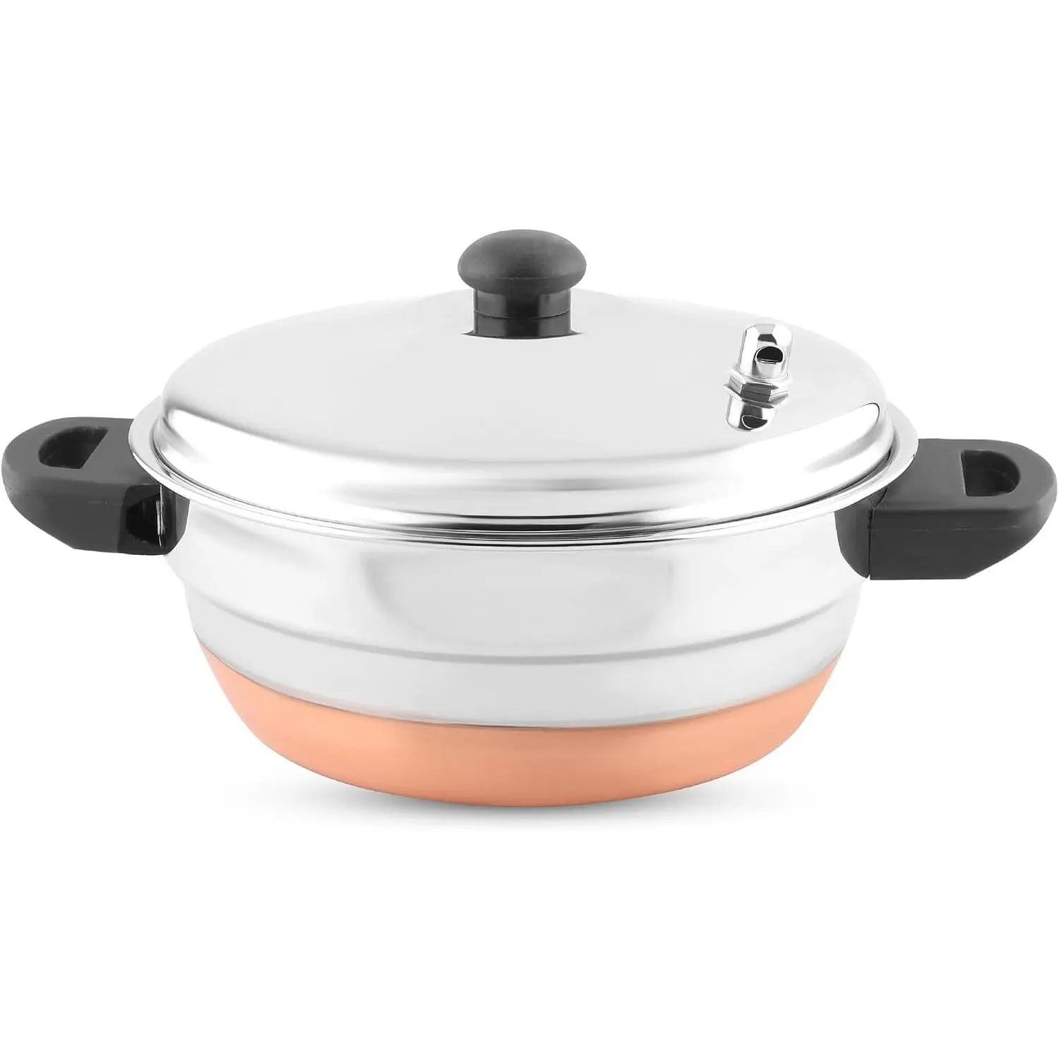 All in One Copper Bottom Idli Cooker 4 pcs Multi Kadai with Stainless Steel lid, 2 idli Plates (10 Idlis) 1 Steamer and 1 Idli Spoon with Whistle, Silver
