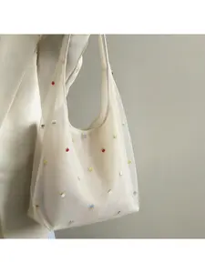 Korean Style Embroidered Canvas Shoulder Bag, Large Capacity Casual Tote Handbag, Versatile Daily Travel Phone Purse for Women