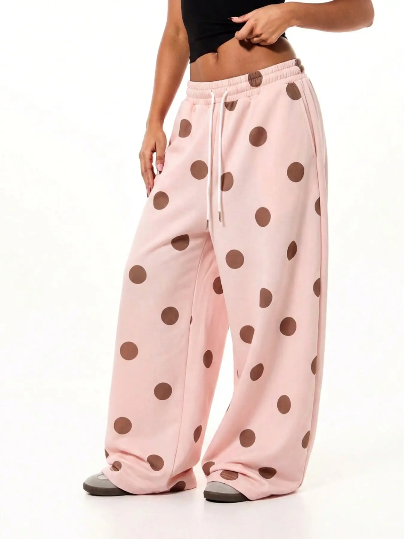 Y2K Polka Dot Women Wide Leg Sweatpants Light Pink Brown Dots Elastic High Waist Drawstring Loose Fit Trousers With Pockets Casual Loungewear Streetwear Pants For Ladies