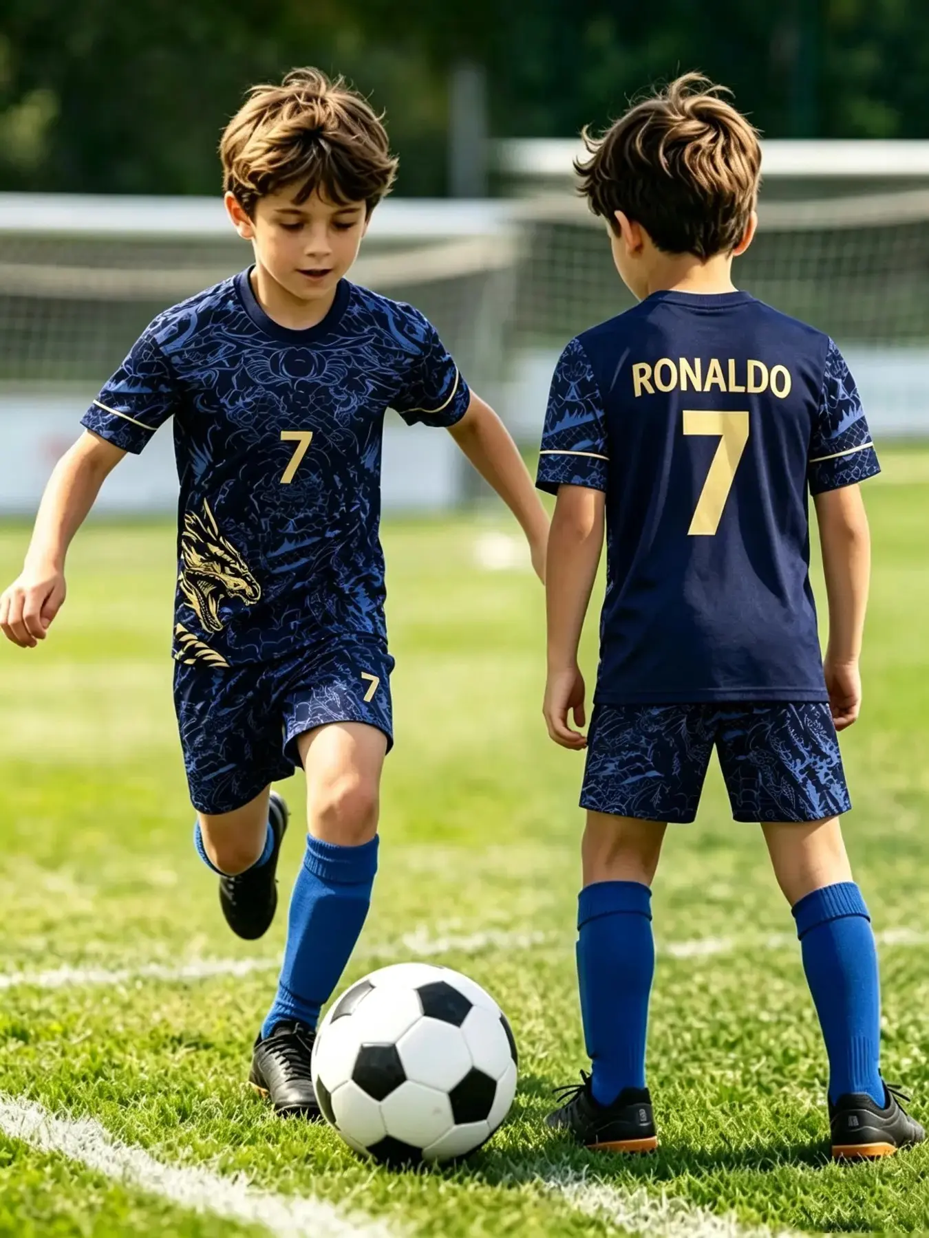 Boys' Sporty Style Football Shirt Set, All-Over Print Short Sleeve T-Shirt + Shorts, Casual Home & Outdoor Wear, Slim-Fit, Batch 20240828