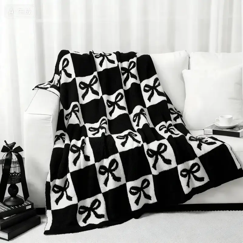 Black & White Bow Print Flannel Throw Blanket - Preppy, Classic, Lightweight Plush, Wrinkle-Resistant, Flat-Woven, Clothes-Compatible, Durable, Soft, Custom Gift for Home & Travel (Couch, Camping Sleeping Gear)