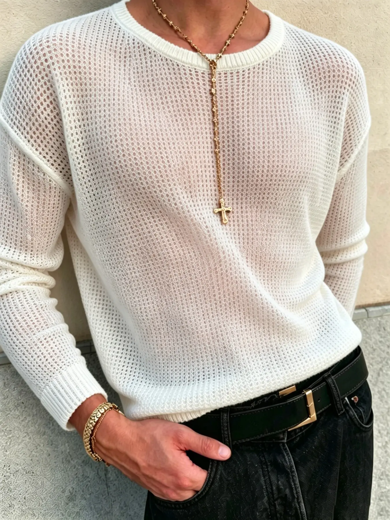 Men's baggy long-sleeve T-shirt featuring a semi-sheer mesh knit; perfect for beach vacations or casual wear, an excellent layering piece, and a versatile staple for all seasons.