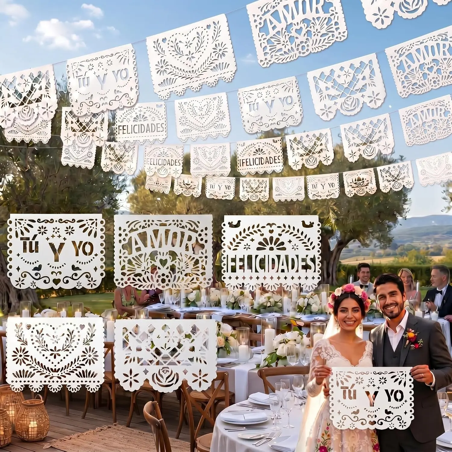6 Pack 120 ft White Cielito Lindo Decoration Wedding Papel Picado Banner Mexican Flags Amor & Tu Y Yo Banner Wedding Bridal Shower Supplies, 10 Flags/per