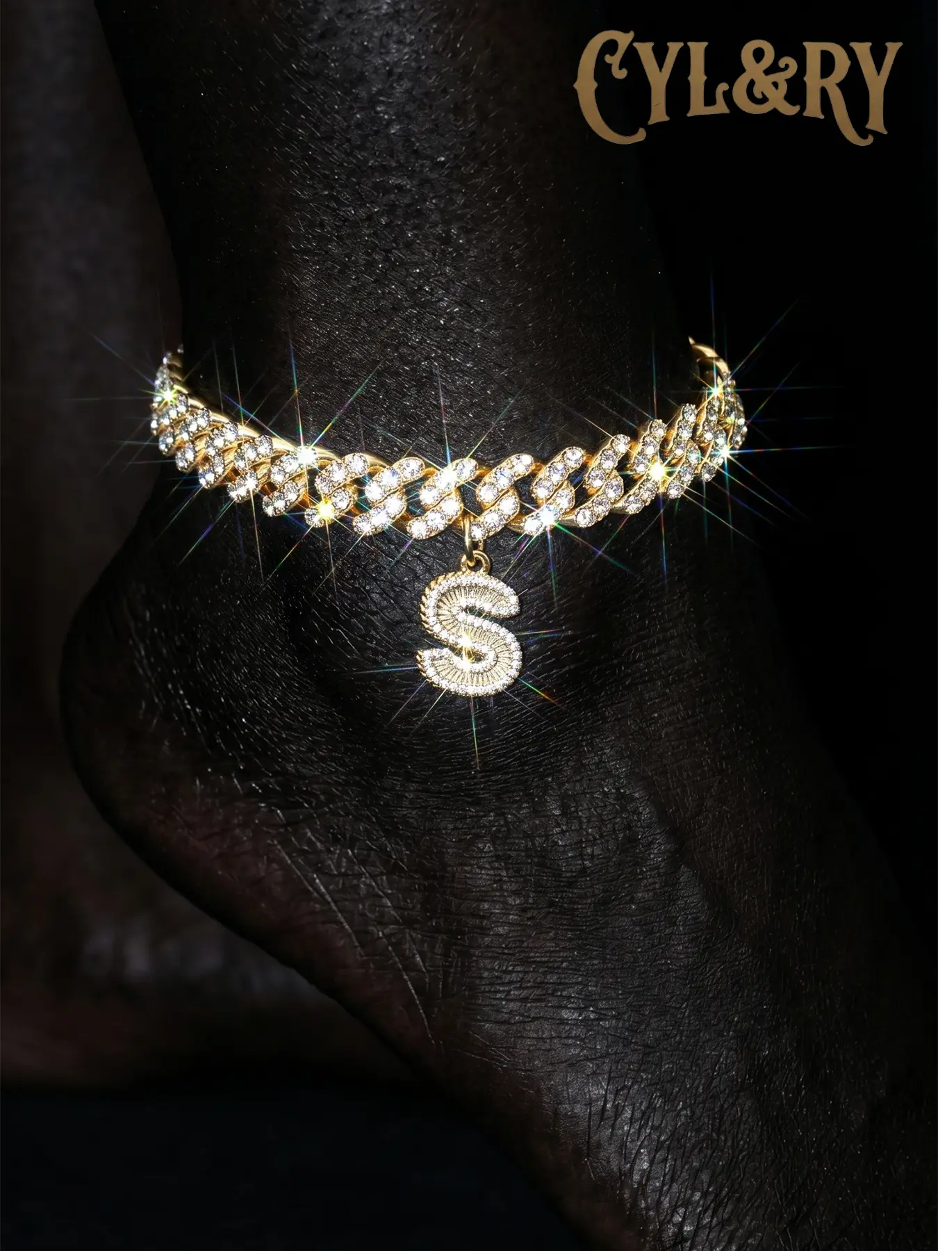 CYL&RY Edgy Iced Out Initial Cuban Anklet for Men & Women, Sparkling CZ Paved Chain Foot Jewelry, Festival Must-have for Outdoor Rap Concerts, Hip Hop Raves & Retro Streetwear Styling