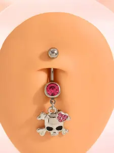 Skull Heart Belly Button Ring, Sparkling Zircon Embedded, Stainless Steel Hypoallergenic, Street Fashion Piercing Jewelry