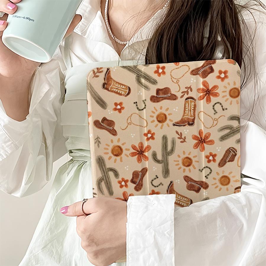 Horseshoe and cactus pattern, adjustable stand and pen slot, foldable non-slip TPU protective case,iPad mini, iPad Air, iPad Pro/iPad 10th generation, 11th generation and other iPad models.