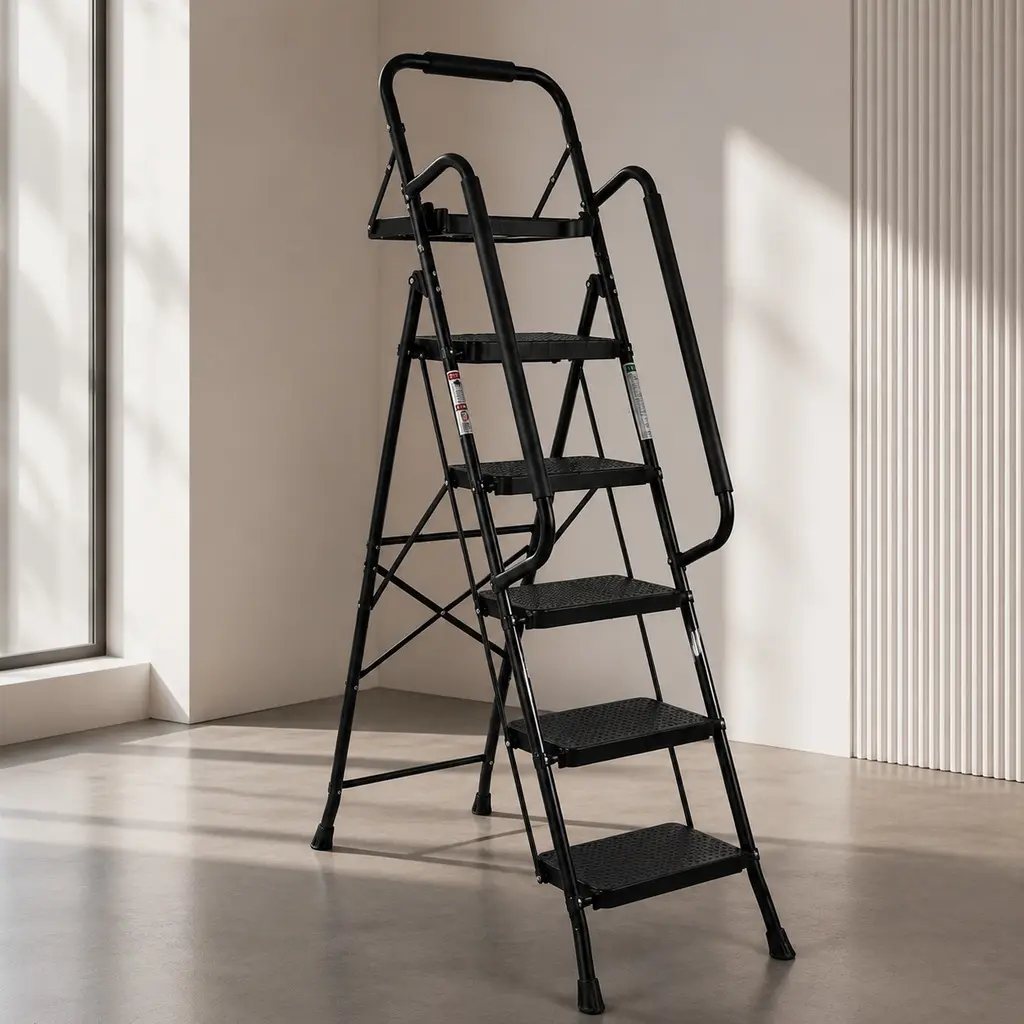 ARCH Heavy Duty 5-Step Folding Ladder, 500 lbs Capacity, Steel Frame, Anti-Slip Pedals, Handrail, Tool Platform, Black, Step Ladder, 65.7" H X 43.3" D X 20.5" W