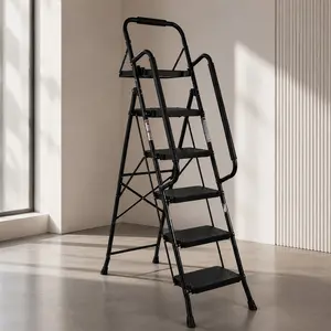 Heavy Duty 5-Step Folding Ladder, 500 lbs Capacity, Steel Frame, Anti-Slip Pedals, Handrail, Tool Platform, Black