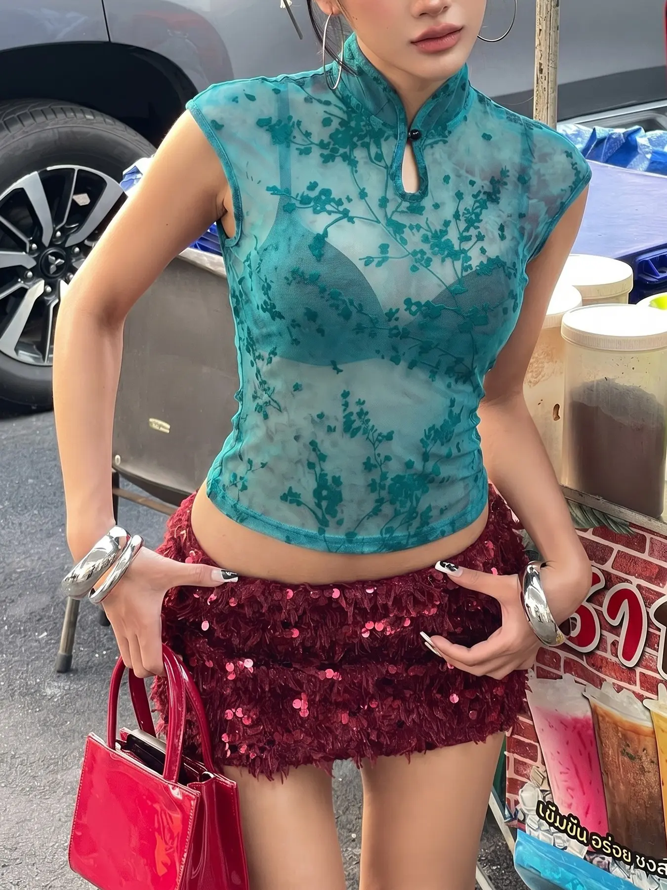2026 New Women's Fashion Print Slim Fit Qipao Neck Personality Sheer Sleeveless Waist Cinch Top, Stylish and Trendy Ladies' Clothing