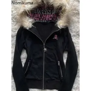 Black Goth Hoodie Women's Clothes Letter Skull Embroidery Zipper Y2k Coat Fashion Hooded Jacket Japanese Sweatshirts Y2K Tops