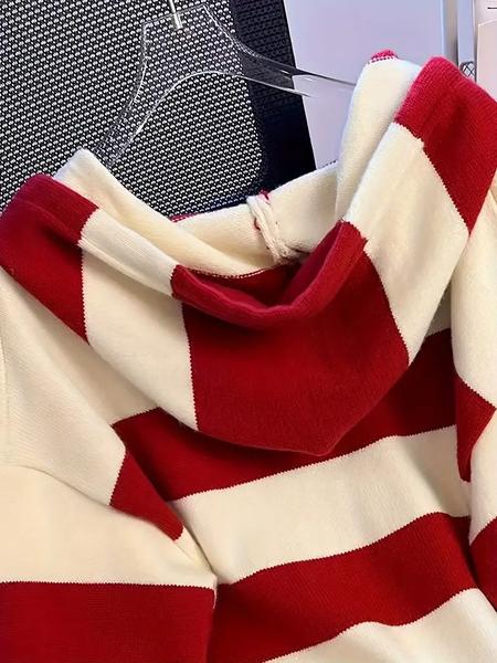 Autumn Winter New Design Hooded Knit Sweater, Color Block Striped Casual Soft Comfortable Elegant Women's Pullover, Colorblock Hoodie