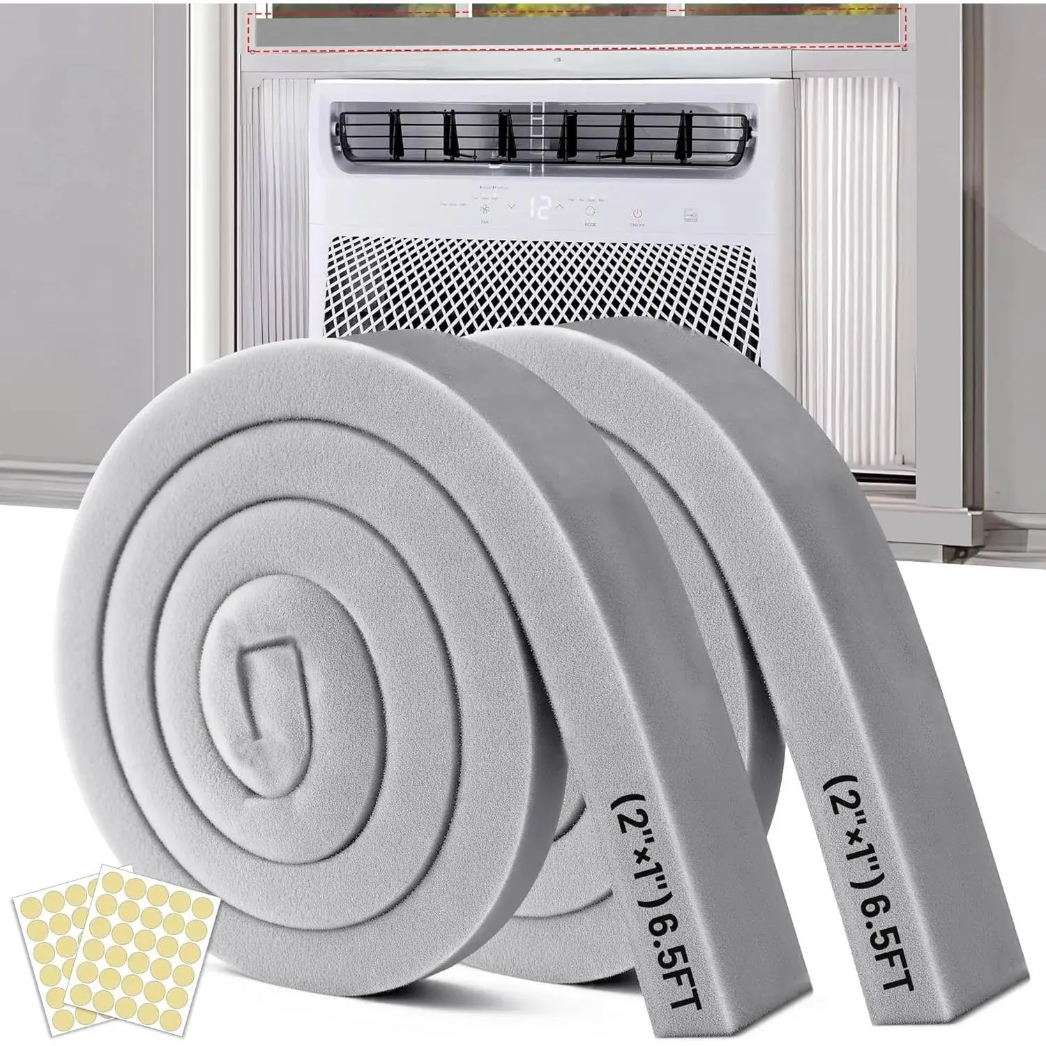 Air Conditioner Window Seal, 2 Roll of 2 in × 1 in × 6.5 ft Foam Stripe with Adhesive for Window AC Insulation, High Density Foam Tape Weather Stripping for Doors and Windows Insulation, AC Foam Tape