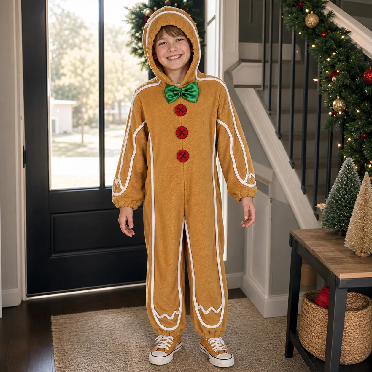 Kids Gingerbread Man Hooded Jumpsuit Costume with Bow Tie, Christmas Party Cosplay Outfit