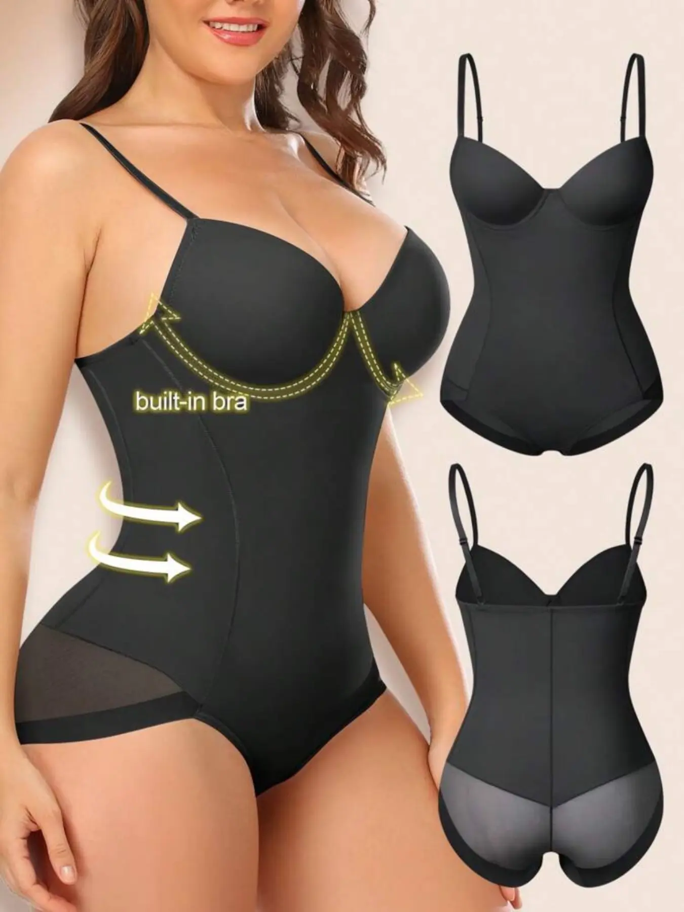 1pc, Women's Shapewear Bodysuit, Elegant Chic Postpartum Yoga Fitness, Adjustable Contrast Lace Mesh, Breathable High Stretch, Suitable for All Seasons