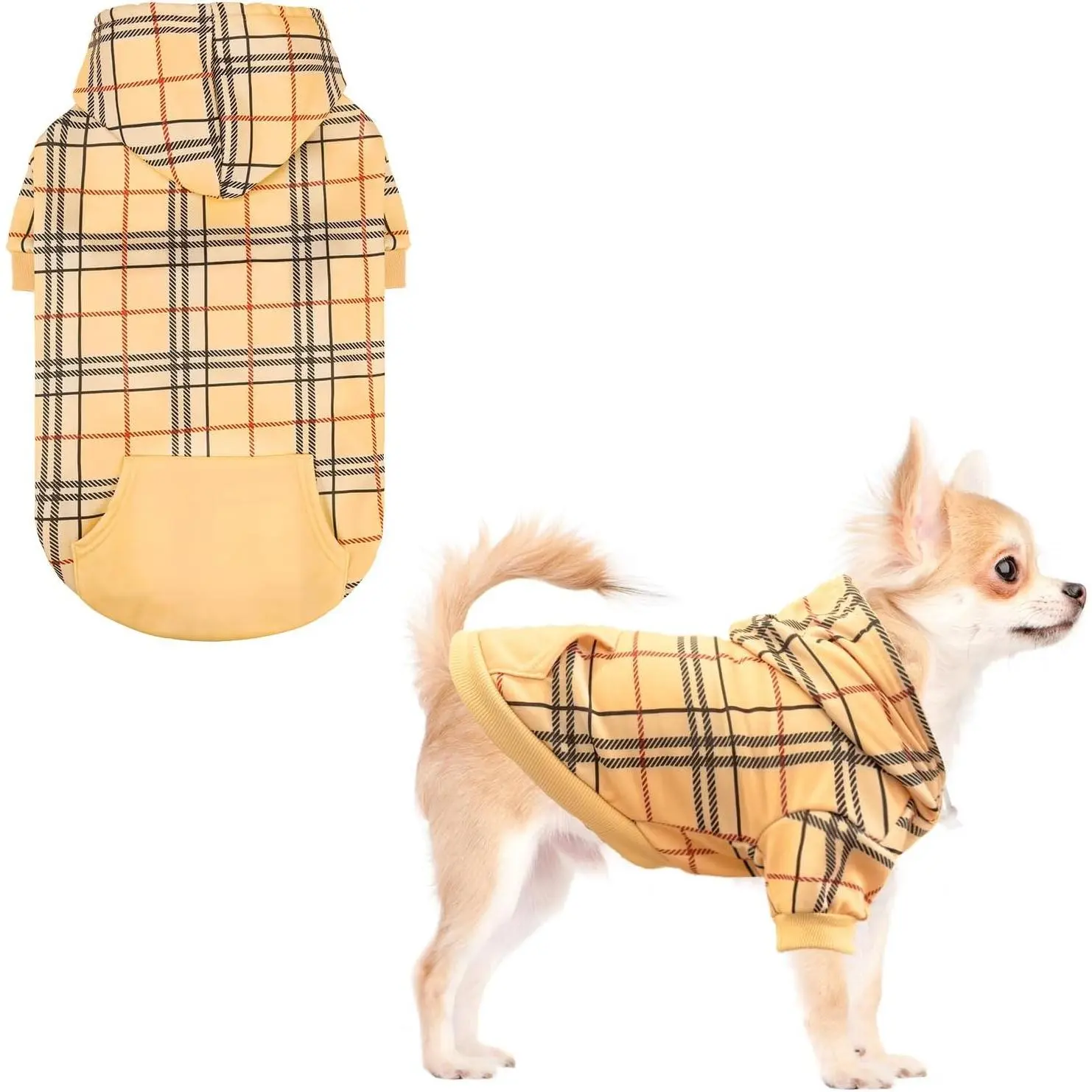 Plaid Dog Hoodie for Small Medium Large Dogs, Pet Clothes Sweater with Hat and Pocket for Cold Winter, Soft&Warm Hooded Sweatshirt Coat Outfit for Puppy Cats Girls Boys Khaki S