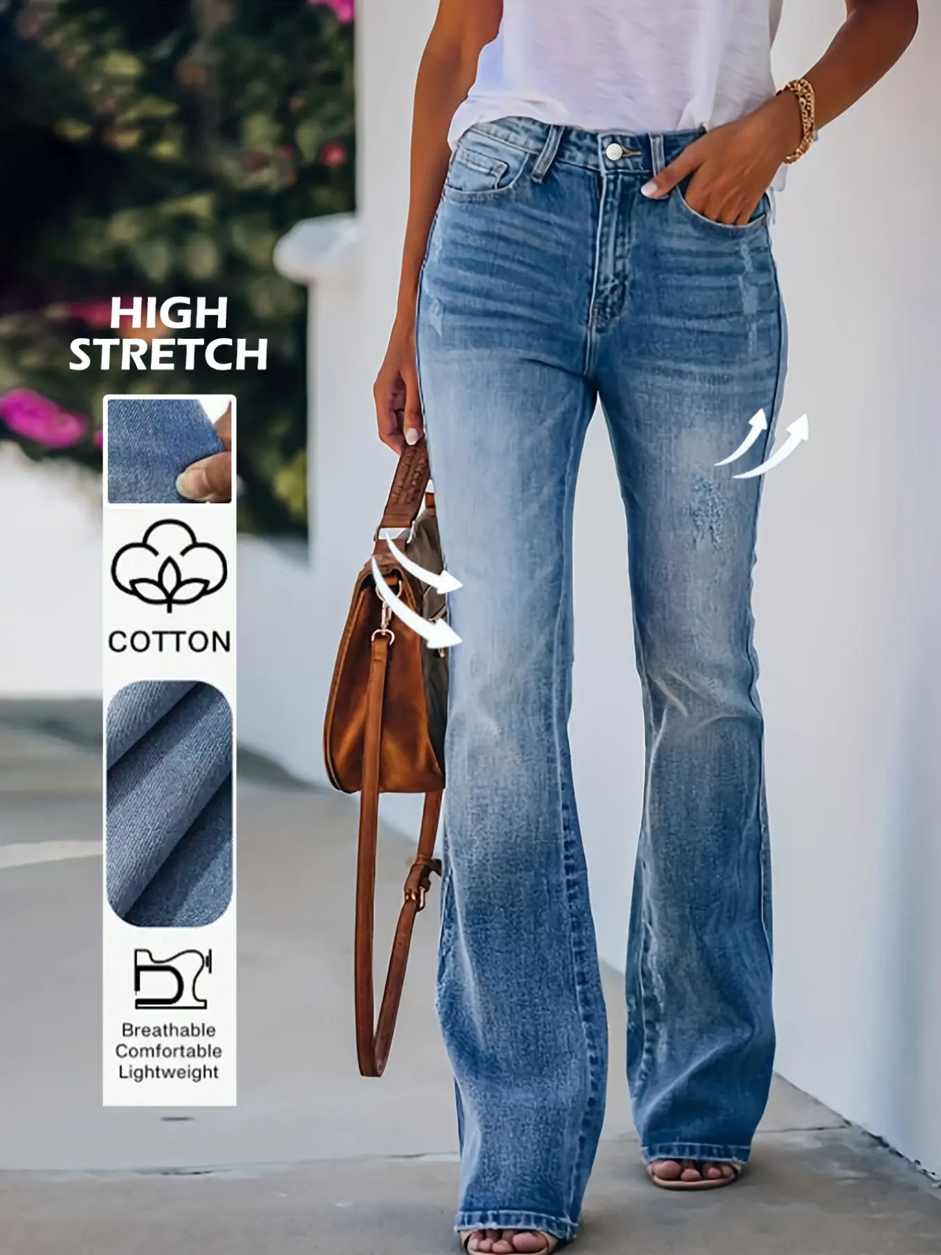 High-Waisted Stretch Light Blue Flare Denim Jeans, Flared Vintage Jeans, Denim Pants, Vintage Wash Slim Fit Bell Bottoms, Casual, Boho Style, Bohemian, All-Season, Everyday, Commuter Friendly, Slimming Effect
