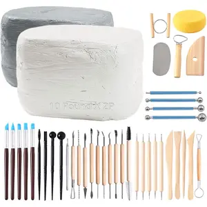 Air-Dry Clay, Baking Clay, Low Fire Pottery Clay with 40 count Pottery Tools (White and Gray)