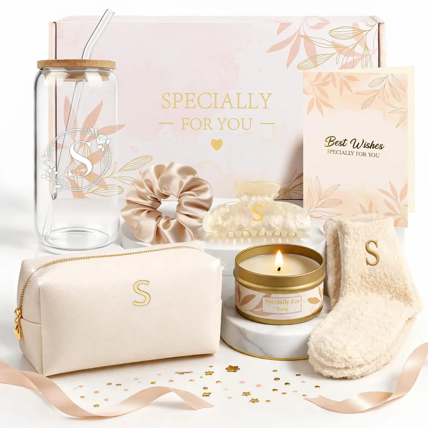 S Personalized Gifts for Women - Initial Cute Hair Clips + Glass Cups w/ Straws, Makeup Bag Monogrammed Gifts for Women, Ideas Birthday  for Her, Christmas & Bridesmaid Gifts