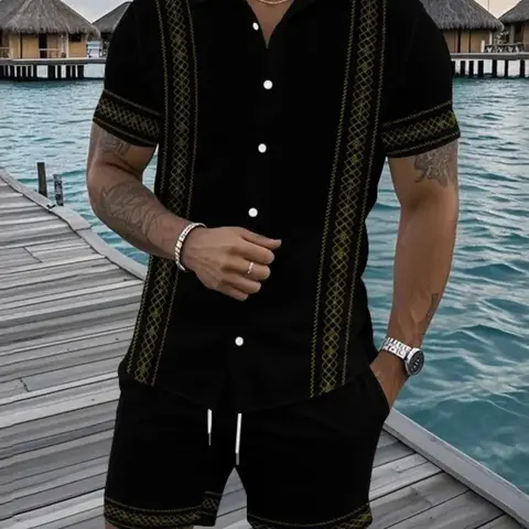Men's 2026 Summer Casual Collared Shirt & Drawstring Waist Shorts Set, Ideal for Tropical Beach & Vacation, Soft Skin-Friendly Material
