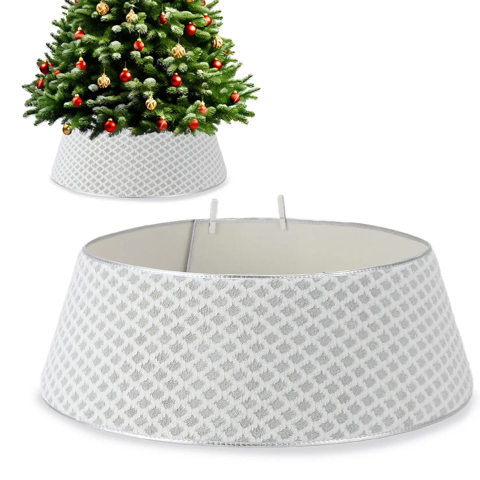 Diamond Quilted Christmas Tree Collar, Soft Felt Tree Skirt Cover. Fits up to 31" Base. Adjustable Metal Clips, Hook & Loop. Hides Stand & Cords. Pet Resistant, Durable. For Indoor Holiday Decor. Easy Install