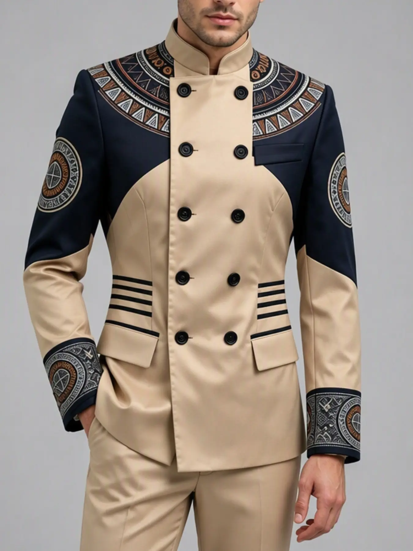 Ainwear Men 2-Piece Suit Set, Blazer & Pants, Ethnic Geometric Print, Stand-Collar, Double Breasted, Casual Fitted Jacket Trousers