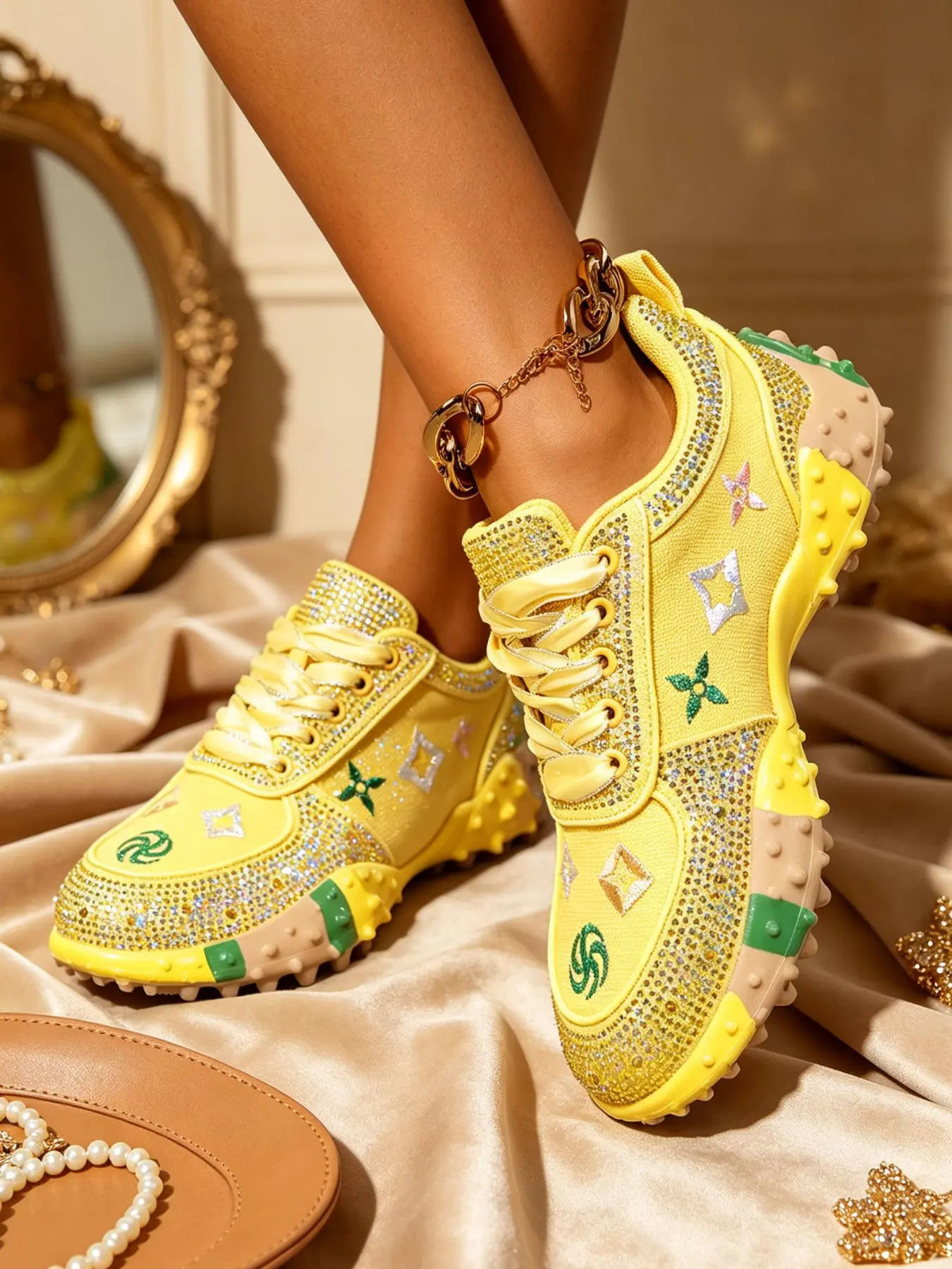 Women's Rhinestone Thick Sole Dad Shoes, Sparkling Platform Sneakers, Lace-Up Casual Party Shoes, Gem Decorated, All Seasons, Versatile Daily Wear