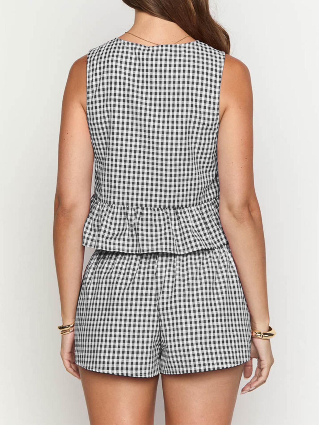 Women's Plaid Print Bow Crop Top & Shorts Two-Piece Set Womenswear, Casual Fashion Butterfly Sleeve Top & Shorts for Daily Outdoor Wear, Ladies Summer Clothes