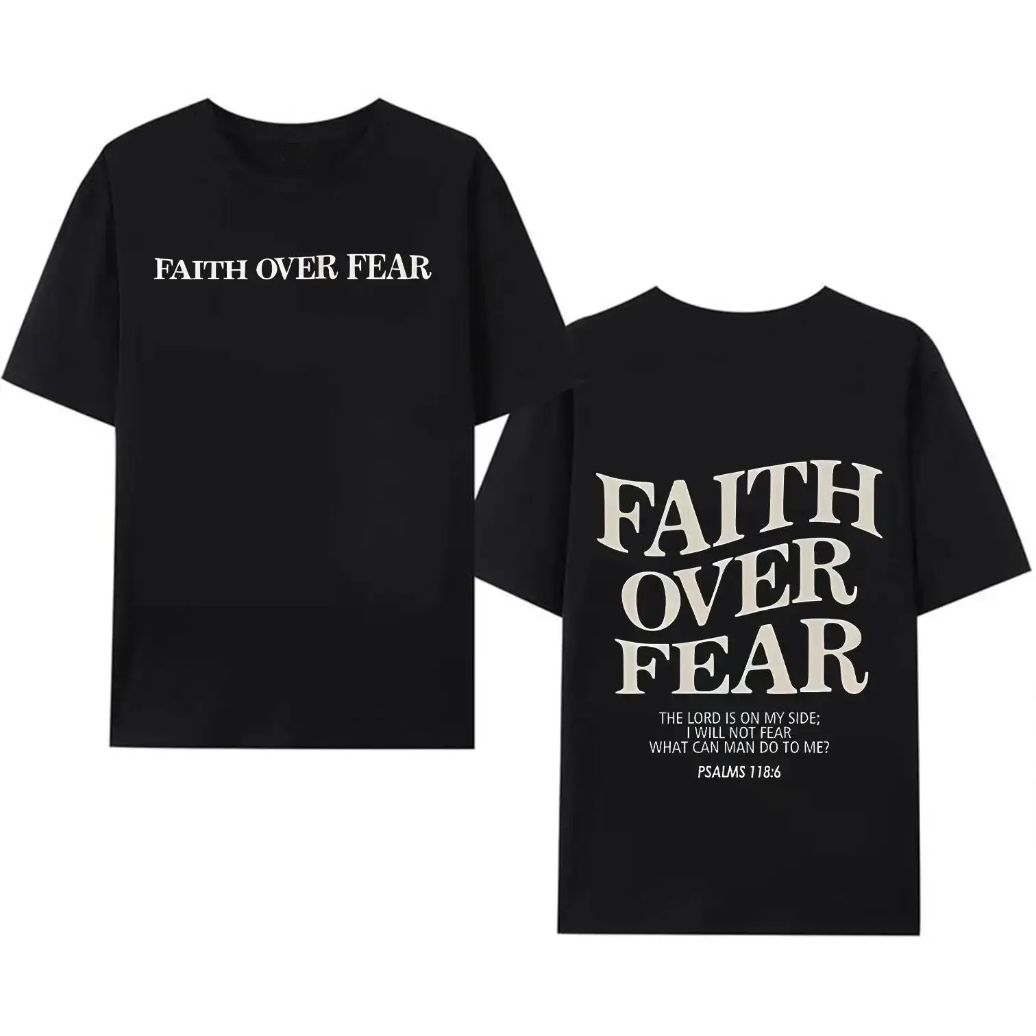 Men's Streetwear Graphic Tee, 'FAITH OVER FEAR' Double-Sided Print, Casual 100% Cotton Round Neck T-Shirt, Gym, Vibe